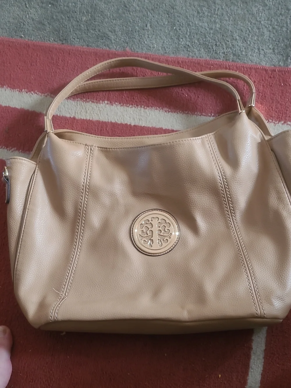 Large Classic Tan Leather Tote Bag with Decorative Medallion Vegan Faux Leather